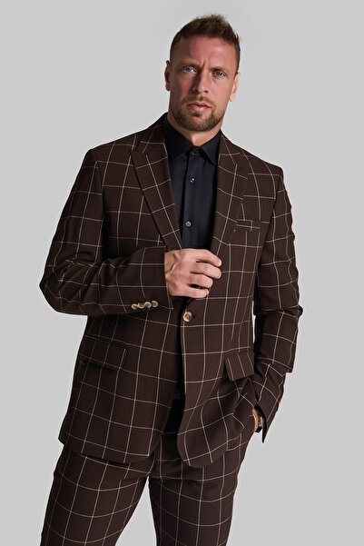 GustmanModa Erkek Kahverengi Kareli Slim Fit Tek Düğme Blazer Ceket