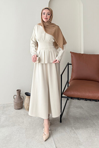 Tesettür Diyarı Yuna Waist-Tied Scuba Skirt Suit - Stone