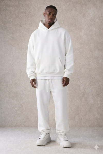 Tarz Cool Ανδρικό σετ αθλητικής φόρμας με κουκούλα Basic Relaxed White με βαμβακερή επένδυση από φλις