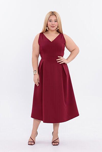 IŞILTI Special Design Stretch Fabric Crepe Fabric V-Neck Pleat Detail Sleeveless Midi Length Plus Size Evening Dress 3144