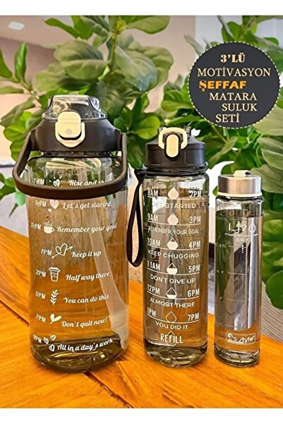 Kitchen Dream 3,5 L 3 Lü Set ŞEFFAF Motivasyonl Su Matarası Şişesi Suluk 2lt+...