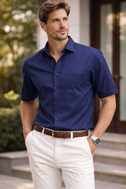 Polo State Men's Cotton Navy Blue Short Sleeve Regular Fit Shirt