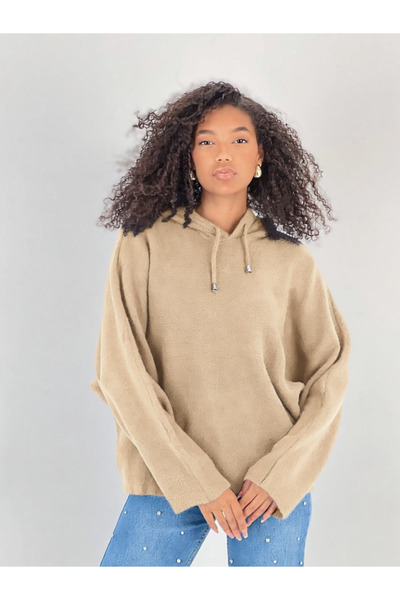 Miss Poem Women's Bat Sleeve Hooded Beige Sweater
