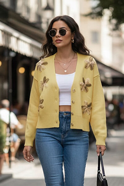 Tarz Cool Women's Yellow Floral Detailed Knitwear Cardigan