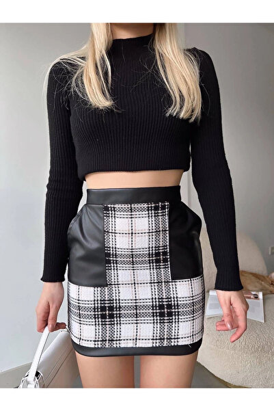 Ethab Ticaret Leather Pocket Paneled Hemline Skirt Black H24604