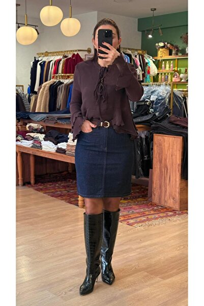 EYYE BUTİK Kemerli Jean Etek Koyu Mavi