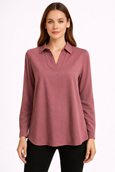 Nuevo Gül Kurusu Viskon V Yaka Rahat Kesim Uzun Kollu Kadın Gömlek Bluz -