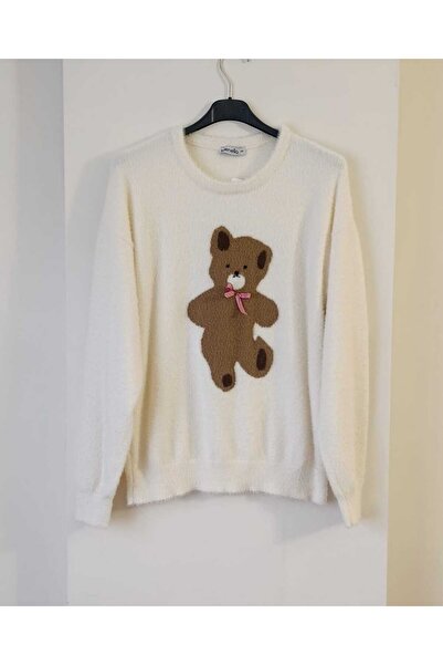 WIENELLA Bearded Soft Knit Sweater with Teddy Bear Figure Detail