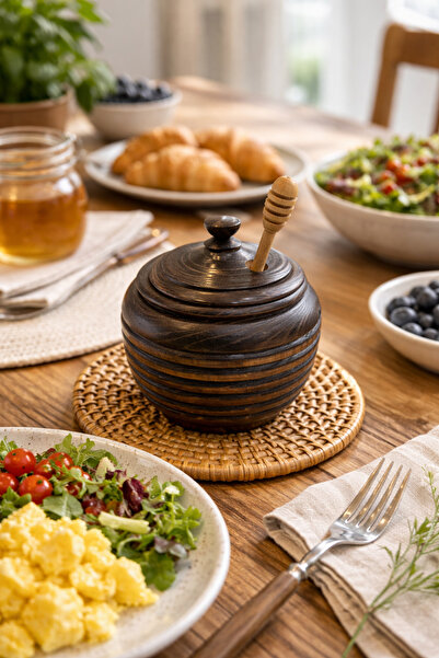 seymenbıçakçılık Wooden Honey Jar – Natural Design with Lid and Spoon – Tableware and Breakfast Honey Container