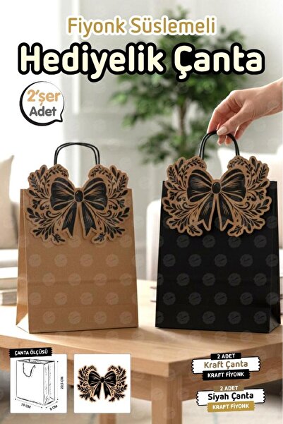 t tuğset etiket Burgu Saplı Karton Kurdeleli Kraft Çanta 4 adet Hediye Paketi...