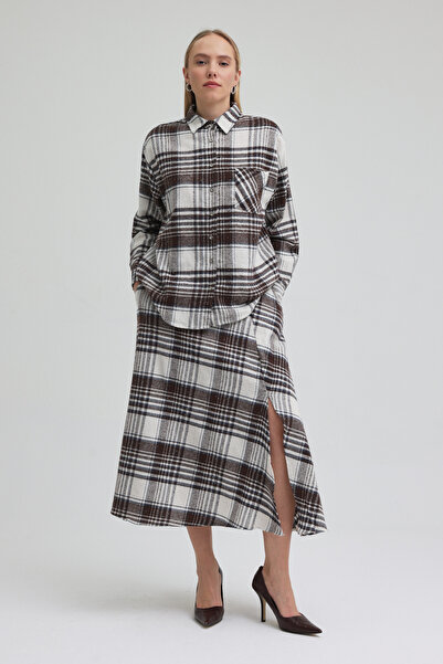 ABOUT US Eco-Printed Relaxed Split and Embroidered Detail Shirt Skirt Set # Tk3040