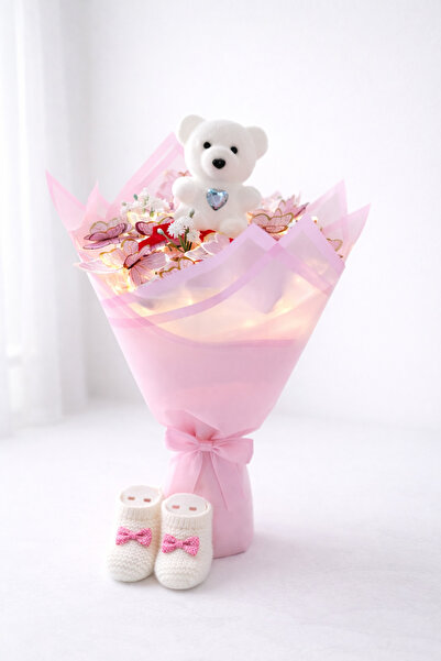 Melonİst LED Işıklı Kelebekli Ayıcıklı Patikli Yenidoğan Buketi- (Kız Bebek-E...