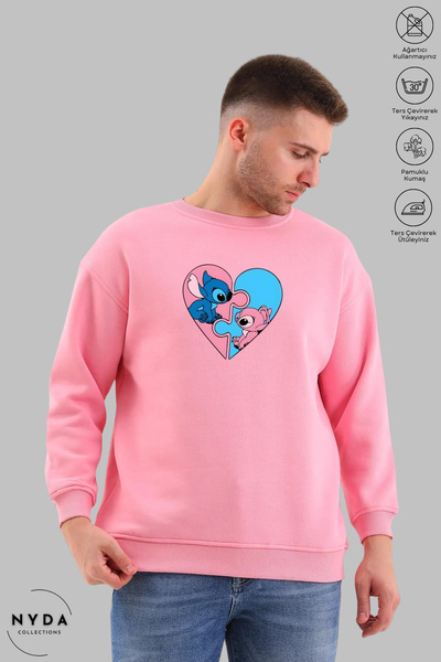 Nyda Collections Unisex Long Sleeve Stitch and Angel Printed Crew Neck Hoodless Fleece-Lined Oversized Sweatshirt