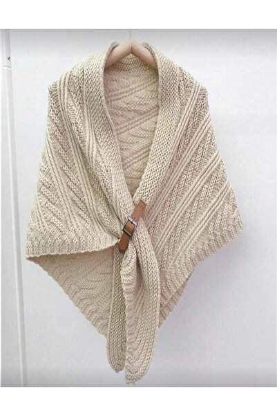 ELA Women's Beige Buttoned Knitwear Shawl Poncho Tasseled Winter Scarf
