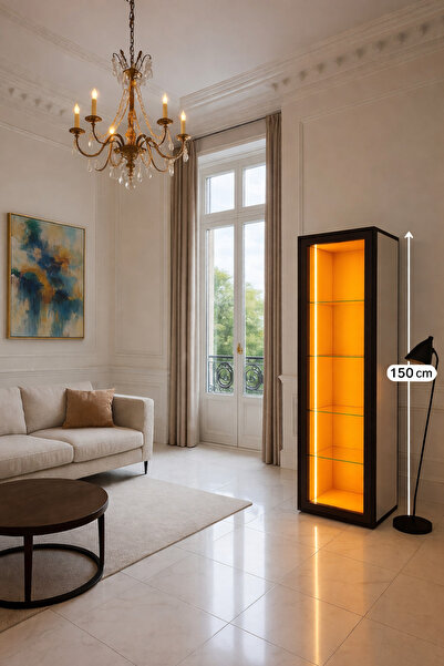xhomedekor Mdf 150x40x30 led ışıklı vitrin dolabı siyah çerçeve beyaz kasa