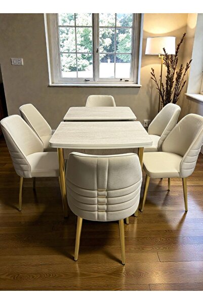 MSY HOME 6 Kişilik Göz Serisi Gold Kelebek Traverten Kelebek Yemek Masası Takımı