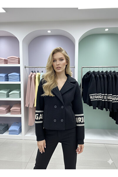 ribana Women's Regular Fit Sleeves Knitwear Detailed Lined Hooded Short Boucl...