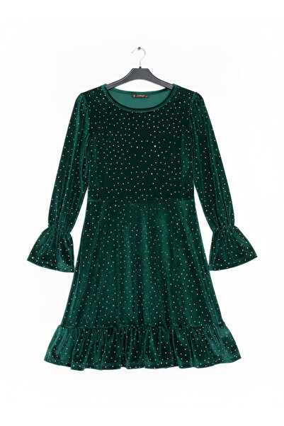 JANES Yeşil Taş Baskılı Kadife Elbise