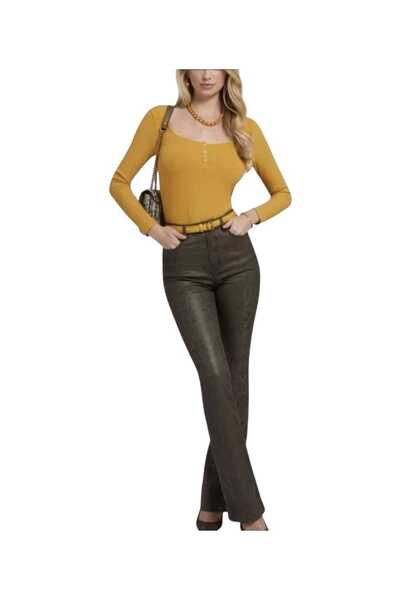 Guess High-waisted jeans, flared, shiny snakeskin print, olive-brown color, W25xL33, cotton