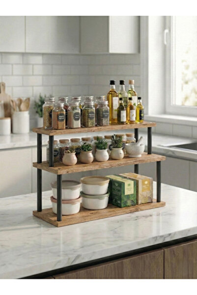 Boss Group Siyah Ahşap Renk Mutfak Baharat Rafı – Tezgâh Üstü Çok Amaçlı Düze...