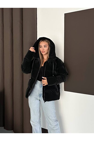 cemo Kapüşonlu Kadife Puffer Mont