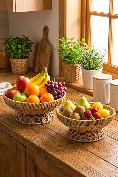 Homekolik Hasır Meyvelik 2’li Set (26 cm + 28 cm) | Doğal El Örgüsü Meyve Sep...