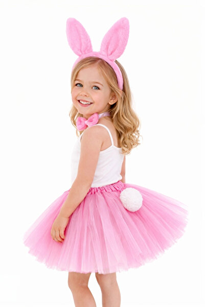 OEM Girl's All Pink Rabbit Ears Costume Set – 4 Pieces with Tutu Skirt