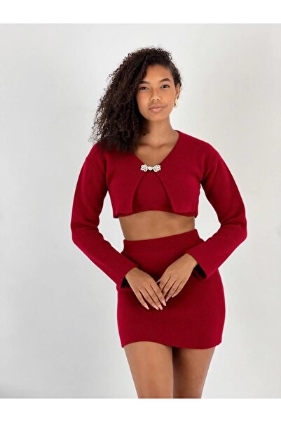 Miss Poem Women's Accessory Detailed 3-Piece Burgundy Knitwear Set