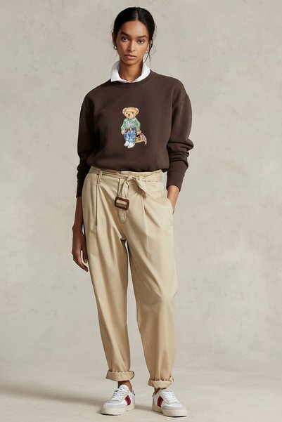 GIA - ART Women's Oversized Sweatshirt Weekend Bear Printed Brown – Crew Neck, 3 Thread Ruched