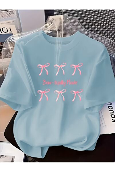 oneagılyazı Comfortable Ribbon Printed T-Shirt for Women - Soft, , Round Neck Top, Pink Ribbon