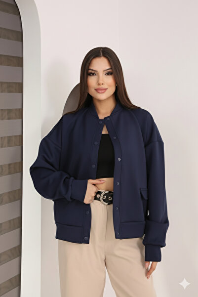 MOVİMENT Women's Navy Blue Scuba Knitted Jacket with Pocket Detail and Snap Detail