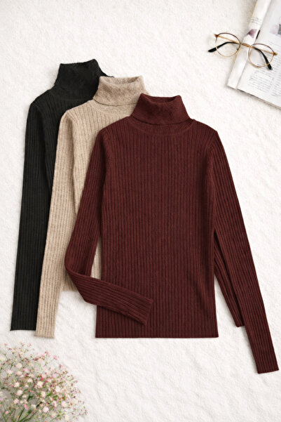 ÖZ PAMUK 3Pcs Full Turtleneck Knitted Ribbed Knit Transitional Sweater