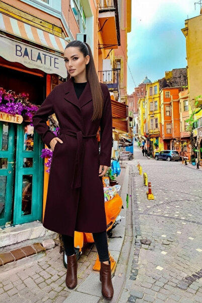 Pitti Kadın Dark Koyu Mürdüm Rengi Erkek Yaka Uzun Kuşaklı Astarlı Cepli Kaba...