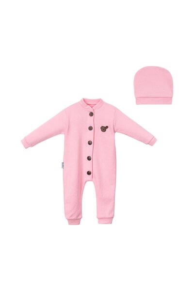 Buliş Baby Romper with Teddy Bear Logo Hat Pink