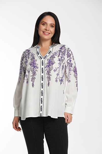 MİYORO Flower Printed Viscose V-Neck Blouse