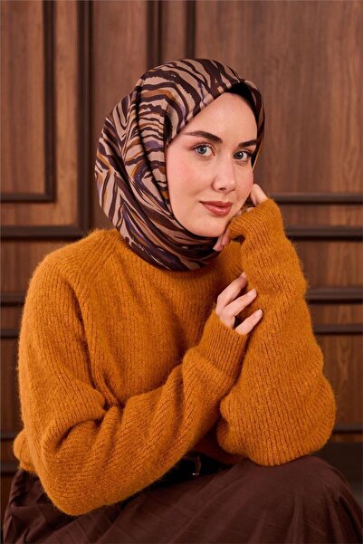 Silk Home Копринен шал от кепър в цвят минк амбър с геометричен мотив, здрава...