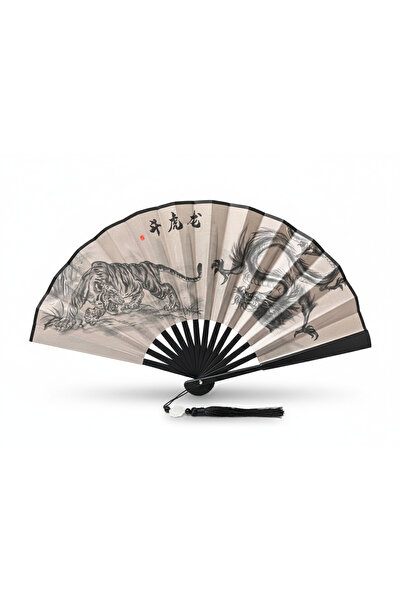 pivok Bambu Yelpaze Kaplan Ejderha Desenli Katlanır El Yelpazesi Dragon Tiger...