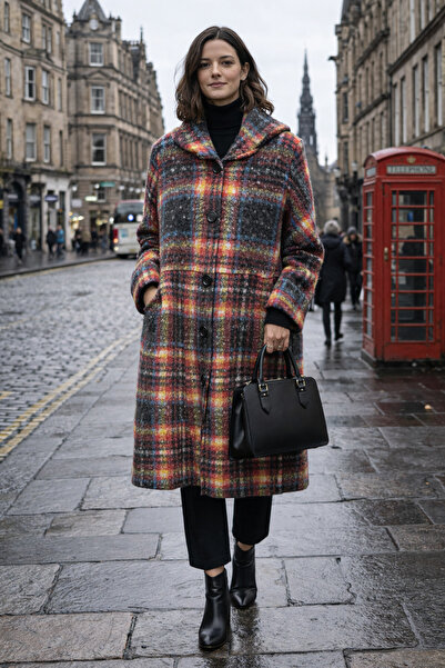 TUSSE Women's Elegant Plaid Pattern Lumberjack Felt Warm Plus Size Ethnic Jacket Cardigan