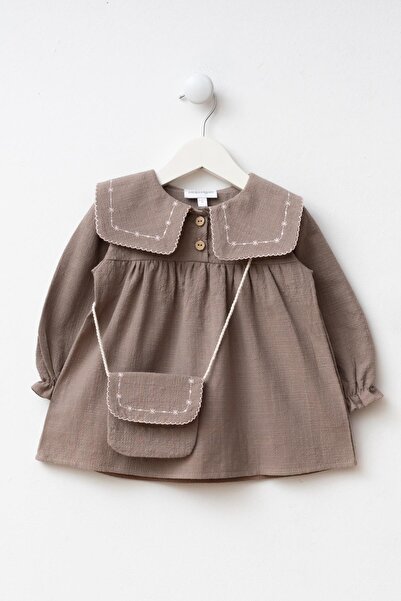 Magu Girl's Cotton Sage Brown Embroidered Collar Dress Set - with Bag