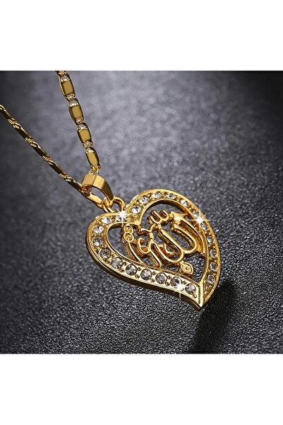 REKS Zarafetin Kalbi: Işıltılı Kalp İçinde Allah Yazılı Altın Renk Kolye – Ma...