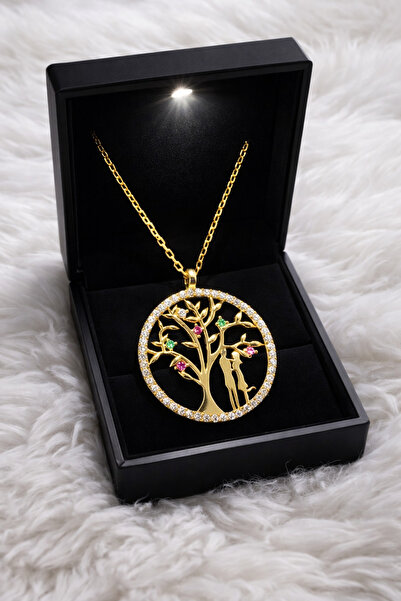 KAR DİAMOND 14 Ayar Altın Zincirli Renkli Taşlı Hayat Ağacı Kolye Sertifikalı...