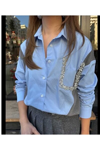 Modamistik Butik Poplin Triko Taş Detaylı Gömlek