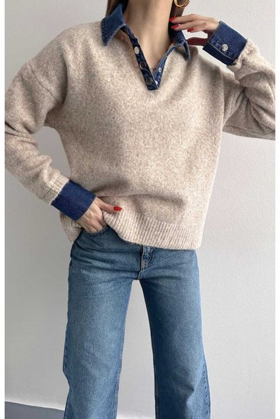 yeditepe fashion Jean Paneled Soft Textured Knitwear