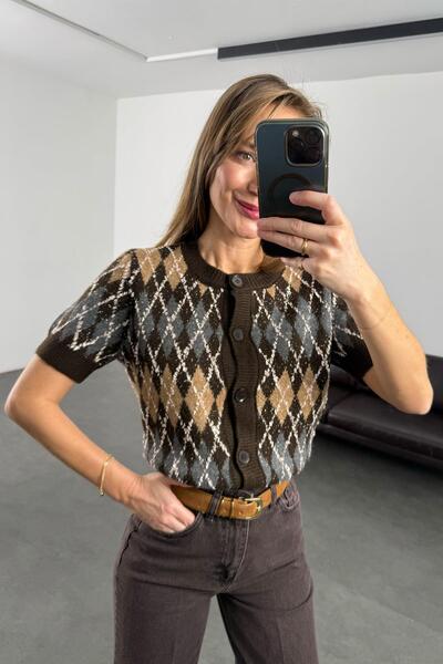 5in1Canpolat Brown Diamond Patterned Short Sleeve Knit Cardigan 95143