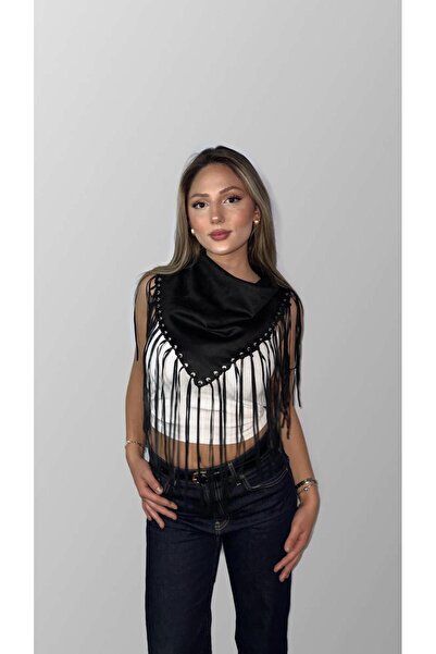 Sola co Western Stil Püsküllü Siyah Bandana Şal