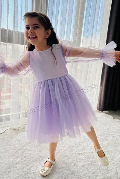 penu baby kids Lila Uzun Tül Kol Tütülü Kız Bebek Elbise - Cinderella