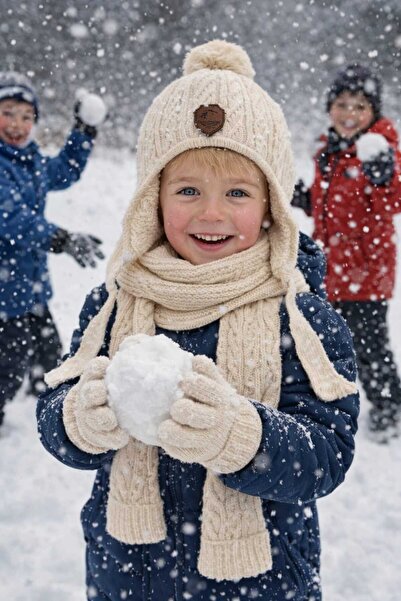 Kitti Interior Lining Fleece Textured Boys' Scarf Beanie Gloves Set