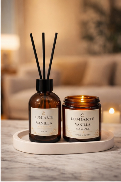 Lumiarte 3’lü Set Amber 100 ml Çubuklu Oda Kokusu + Amber 100 ml El Yapımı Mu...