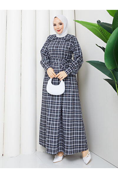 PINTORE Women's Front Button Plaid Pattern Long Dress