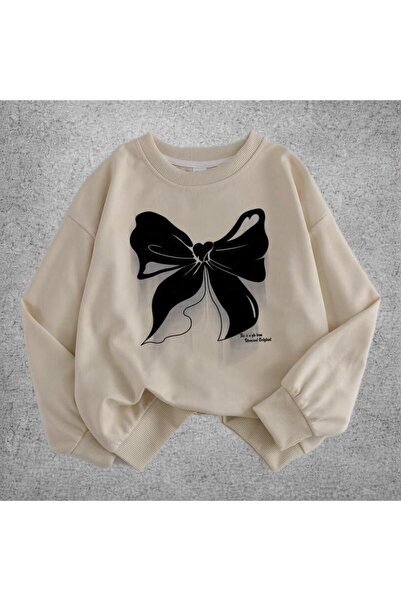 Kids Çocuk Bej Büyük Kurdele Baskılı Sweatshirt